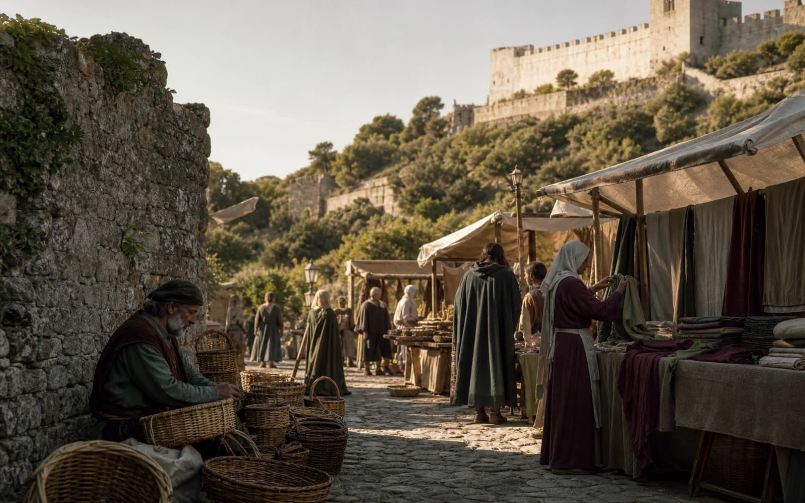 Ilustração de um mercado medieval junto ao Castelo de Palmela