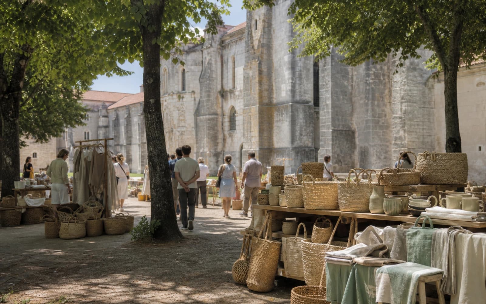 Ilustração de visitantes e bancas junto ao Mosteiro de Alcobaça
