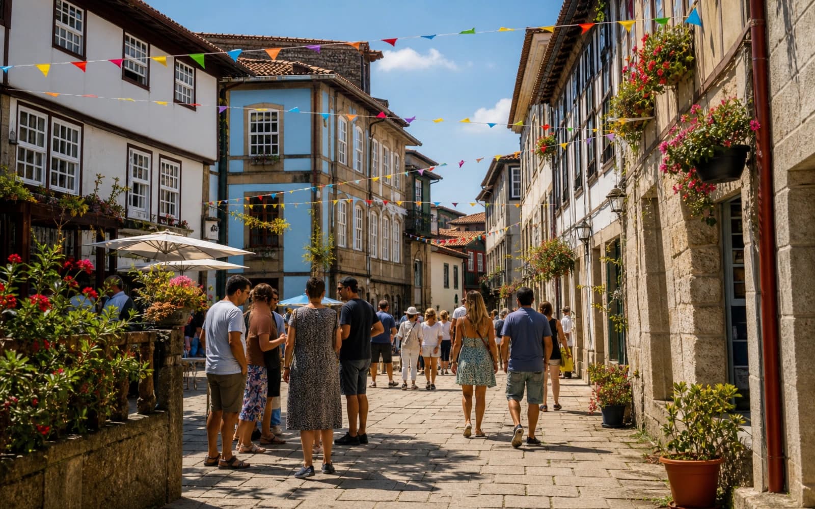 Ilustração de uma rua histórica de Guimarães decorada para uma festa