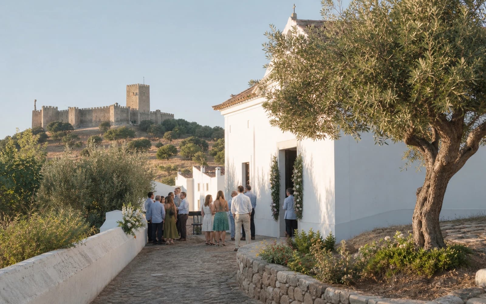 Ilustração de visitantes num pátio junto a uma igreja em Moura