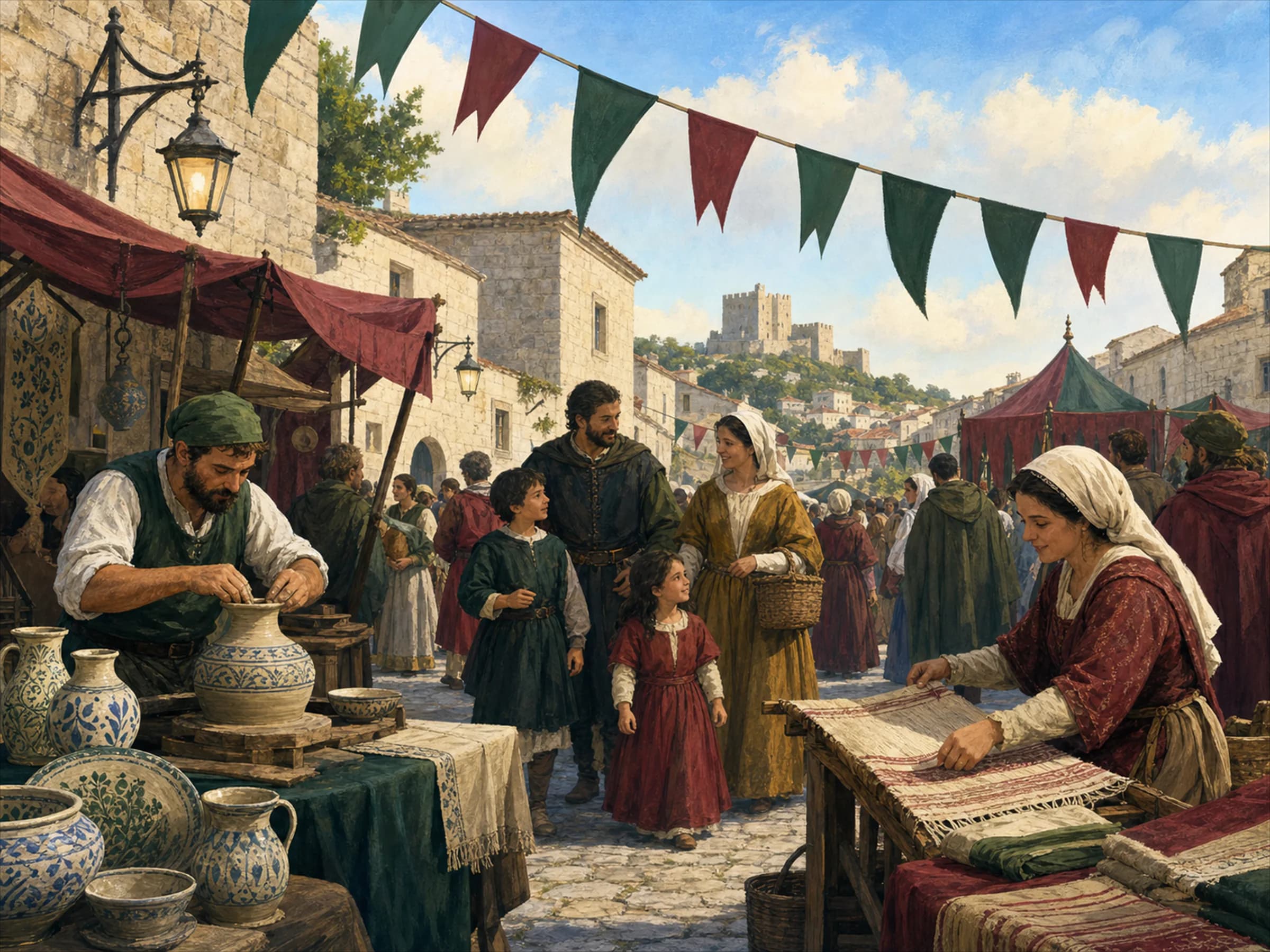 Ilustração de um mercado medieval com artesãos e visitantes