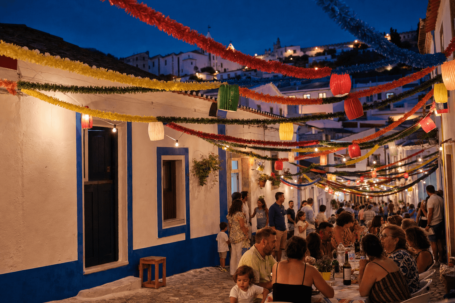 Festa popular numa rua portuguesa decorada com grinaldas