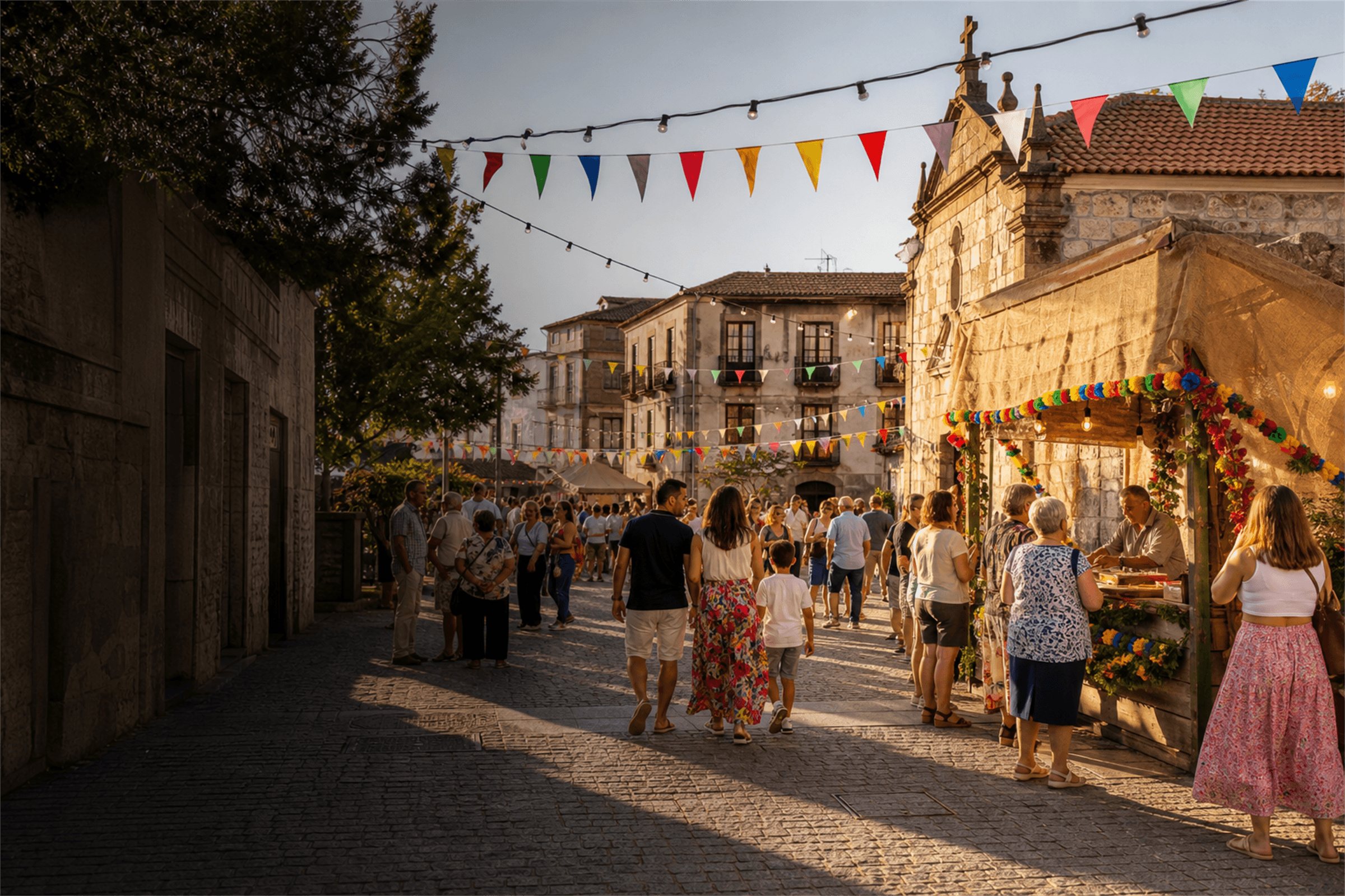 Portuguese popular festival in a square with people, bunting and lights