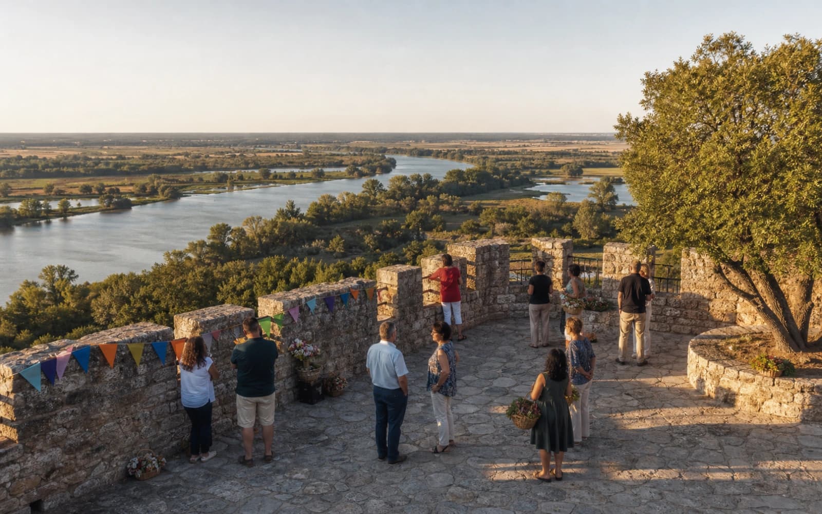 Ilustração de visitantes num miradouro sobre Coruche